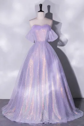 Shiny Tulle Sequins Long Prom Dress, Off the Shoulder Party Dress