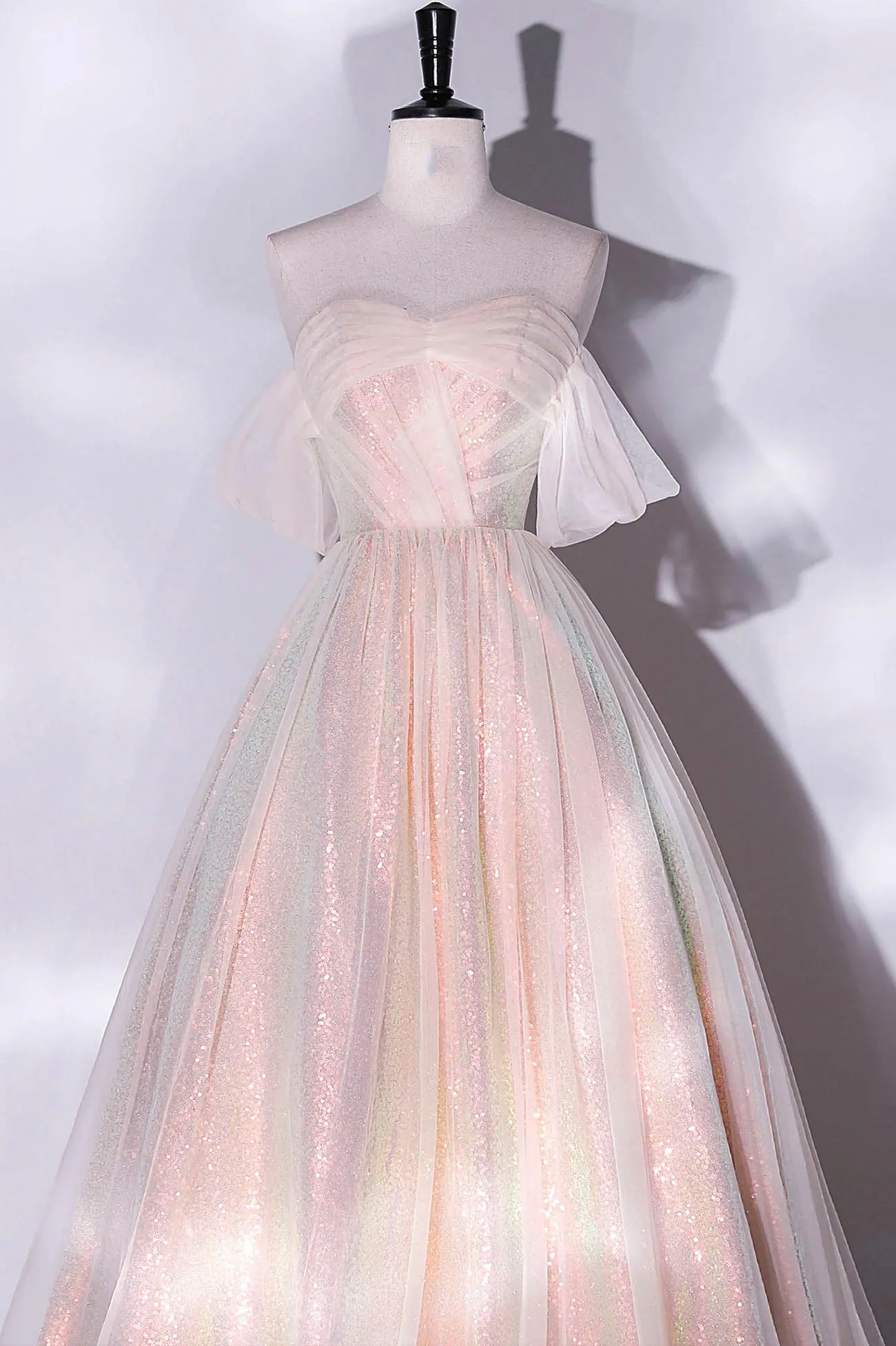 Shiny Tulle Sequins Long Prom Dress, Off the Shoulder Party Dress