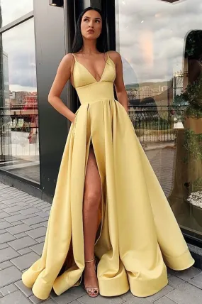Simple Satin Long A-Line Prom Dress, V-Neck Evening Dress with Slit