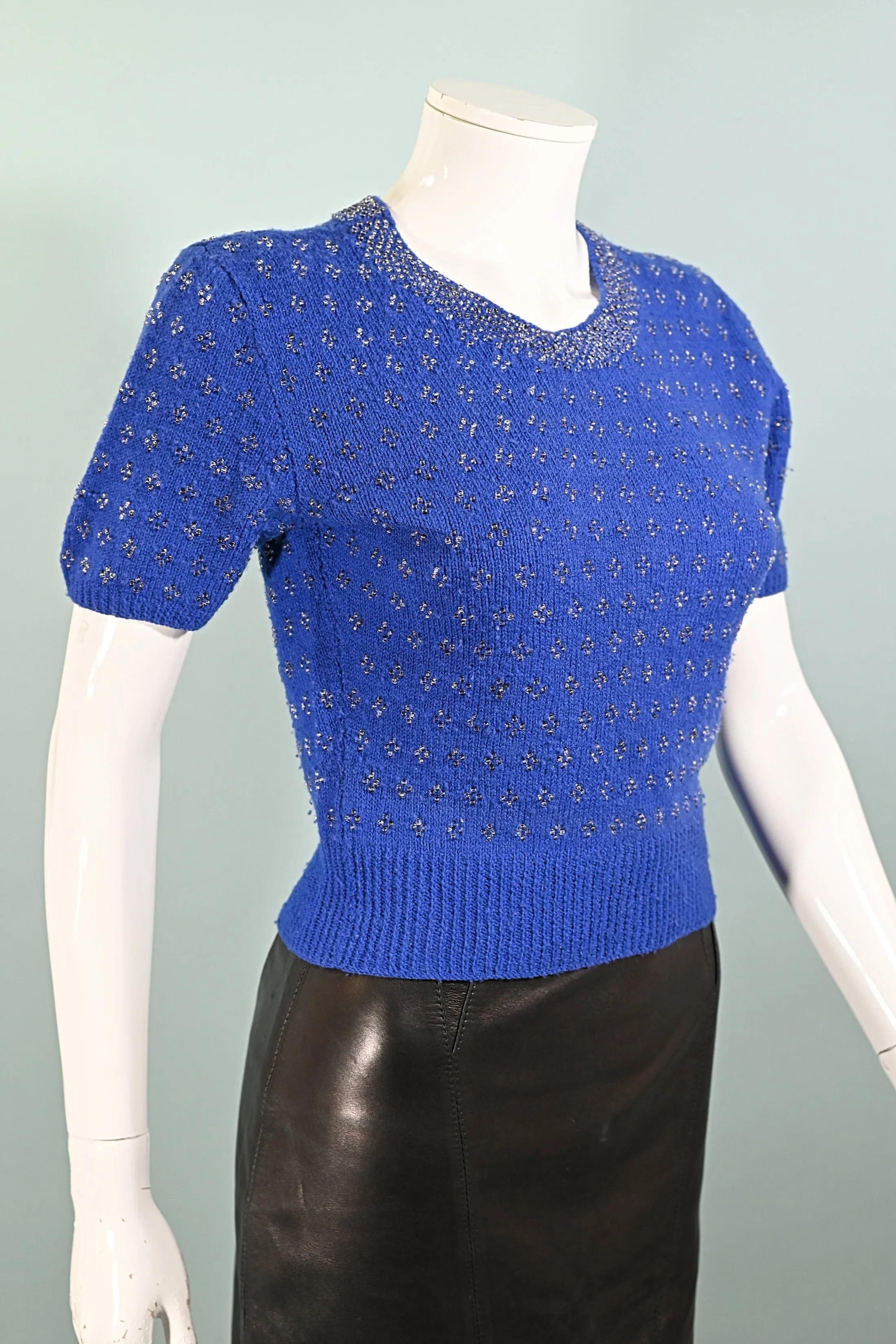 SOLD Vintage 50s Blue Beaded Knit Top, Short Sleeves S
