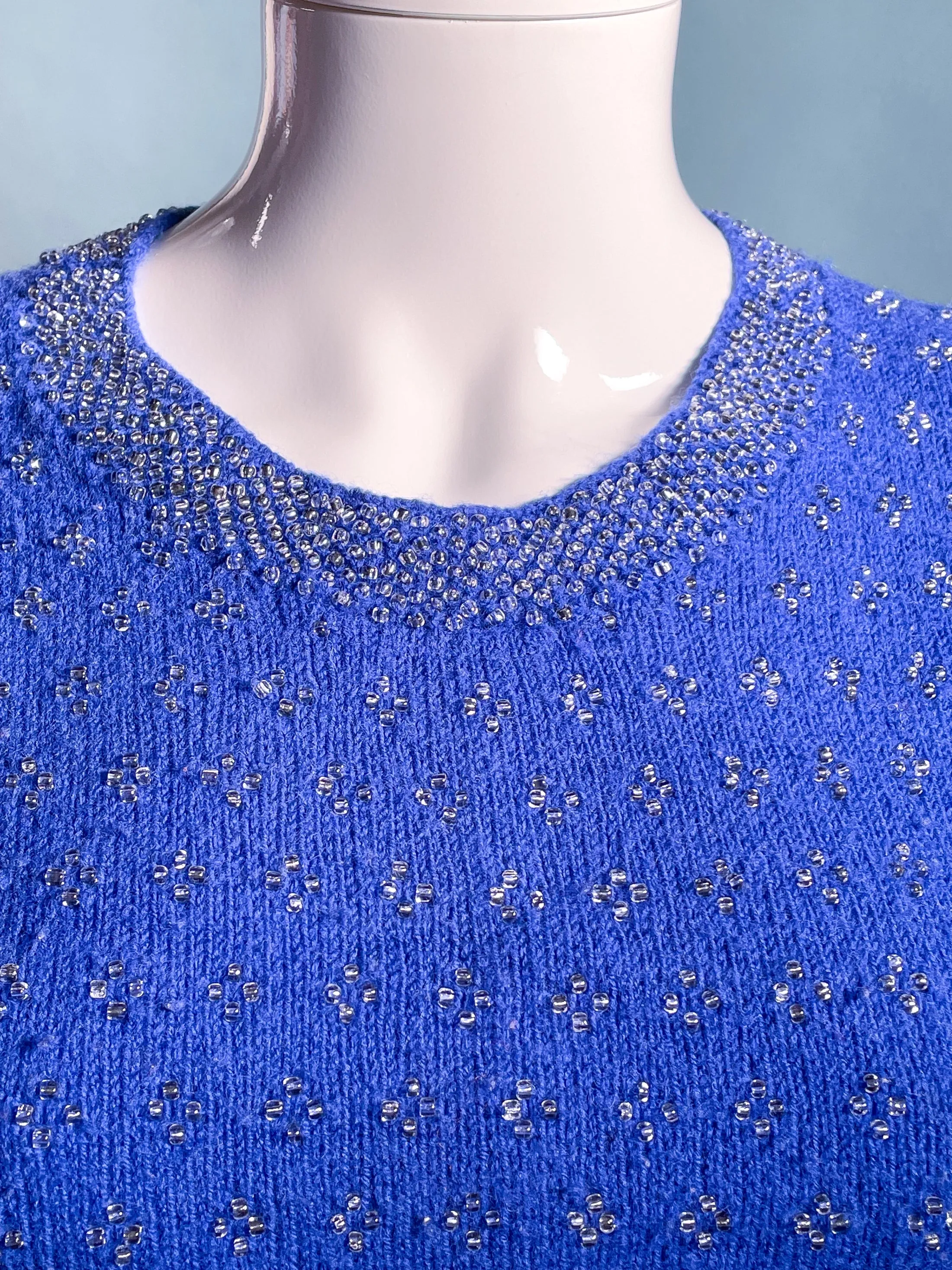 SOLD Vintage 50s Blue Beaded Knit Top, Short Sleeves S
