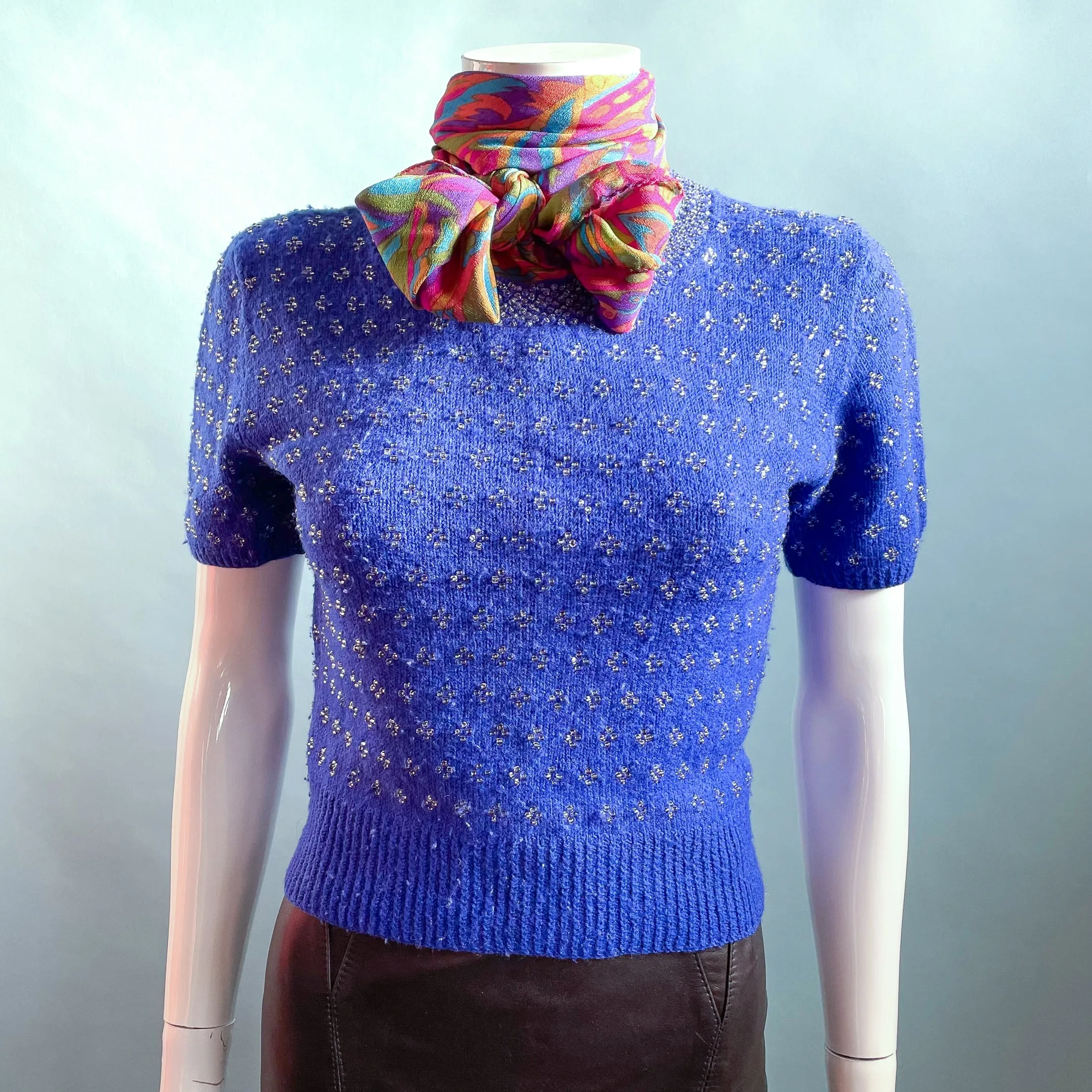 SOLD Vintage 50s Blue Beaded Knit Top, Short Sleeves S