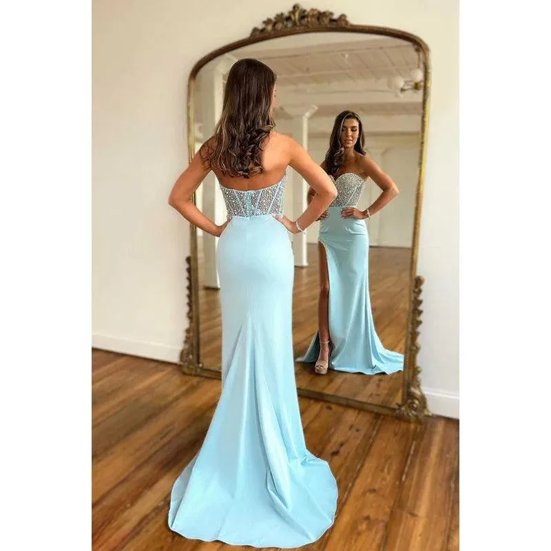Sweetheart Strapless Beaded Long Prom Evening Dress With Slit