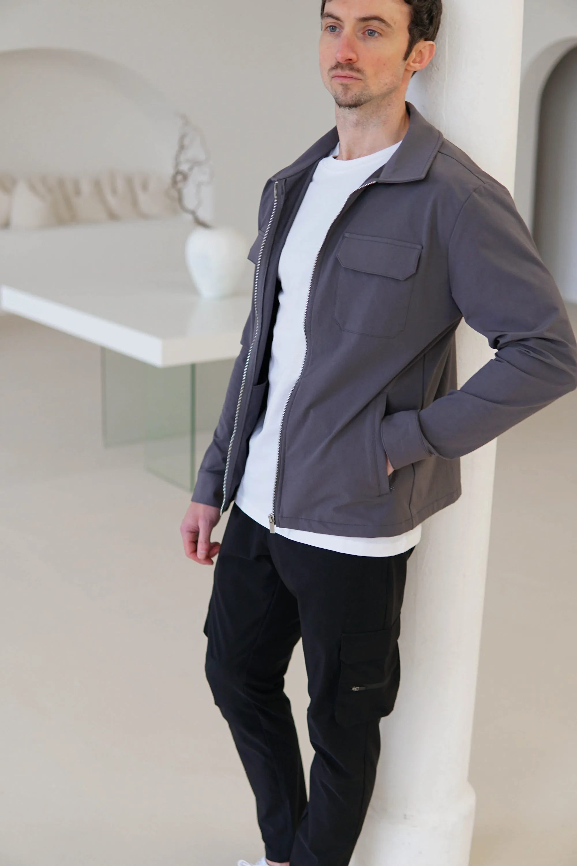 Tech Stretch Cargo Jacket In Charcoal