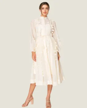 The Sandra: Button Up Ivory Flower Detailed Maxi Dressc