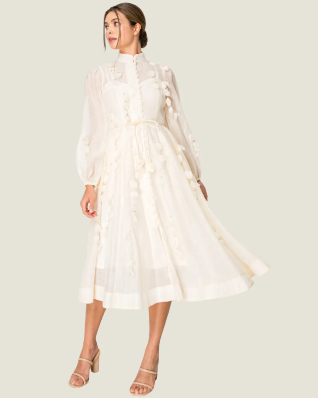 The Sandra: Button Up Ivory Flower Detailed Maxi Dressc