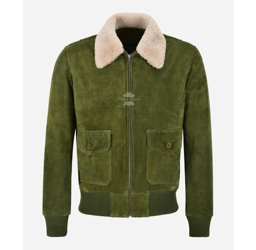 TOP GUN Jacket Olive Suede Removeable Fur Collared Bomber Jacket