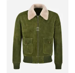 TOP GUN Jacket Olive Suede Removeable Fur Collared Bomber Jacket