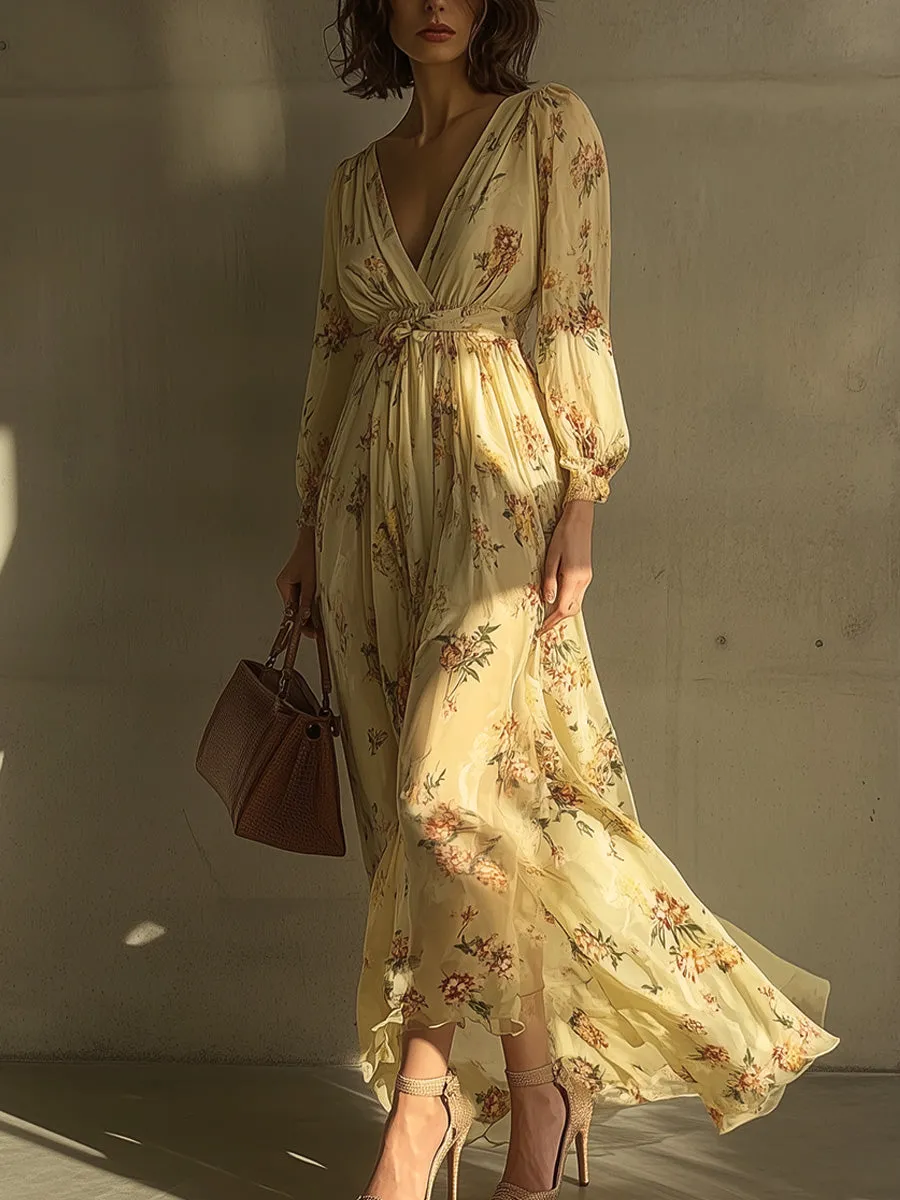 V-neck Floral Bohemian Holiday Long-sleeved Dress