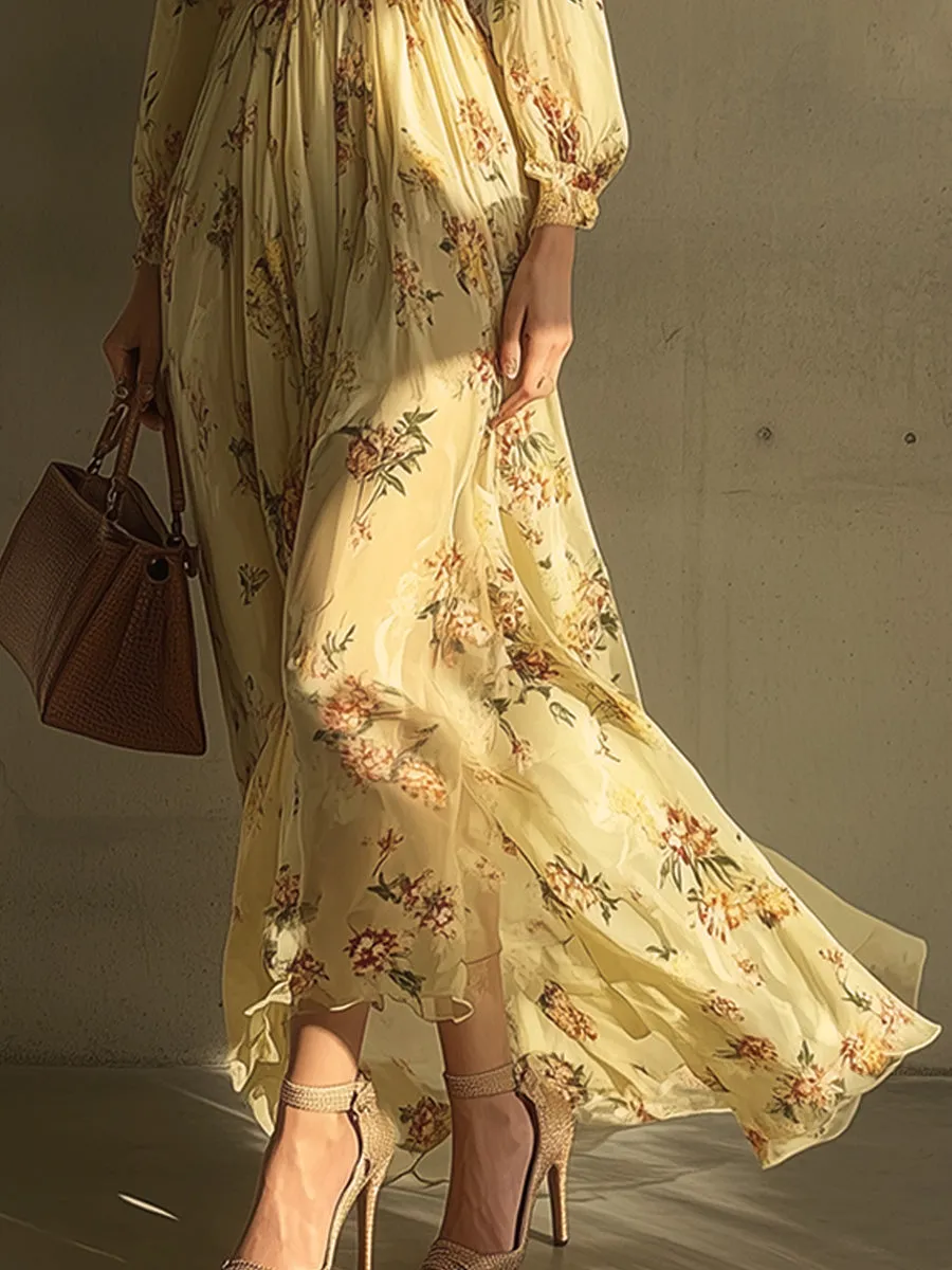 V-neck Floral Bohemian Holiday Long-sleeved Dress