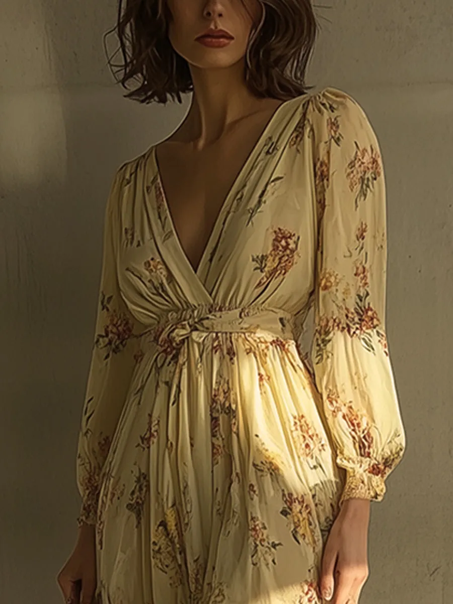 V-neck Floral Bohemian Holiday Long-sleeved Dress
