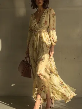 V-neck Floral Bohemian Holiday Long-sleeved Dress