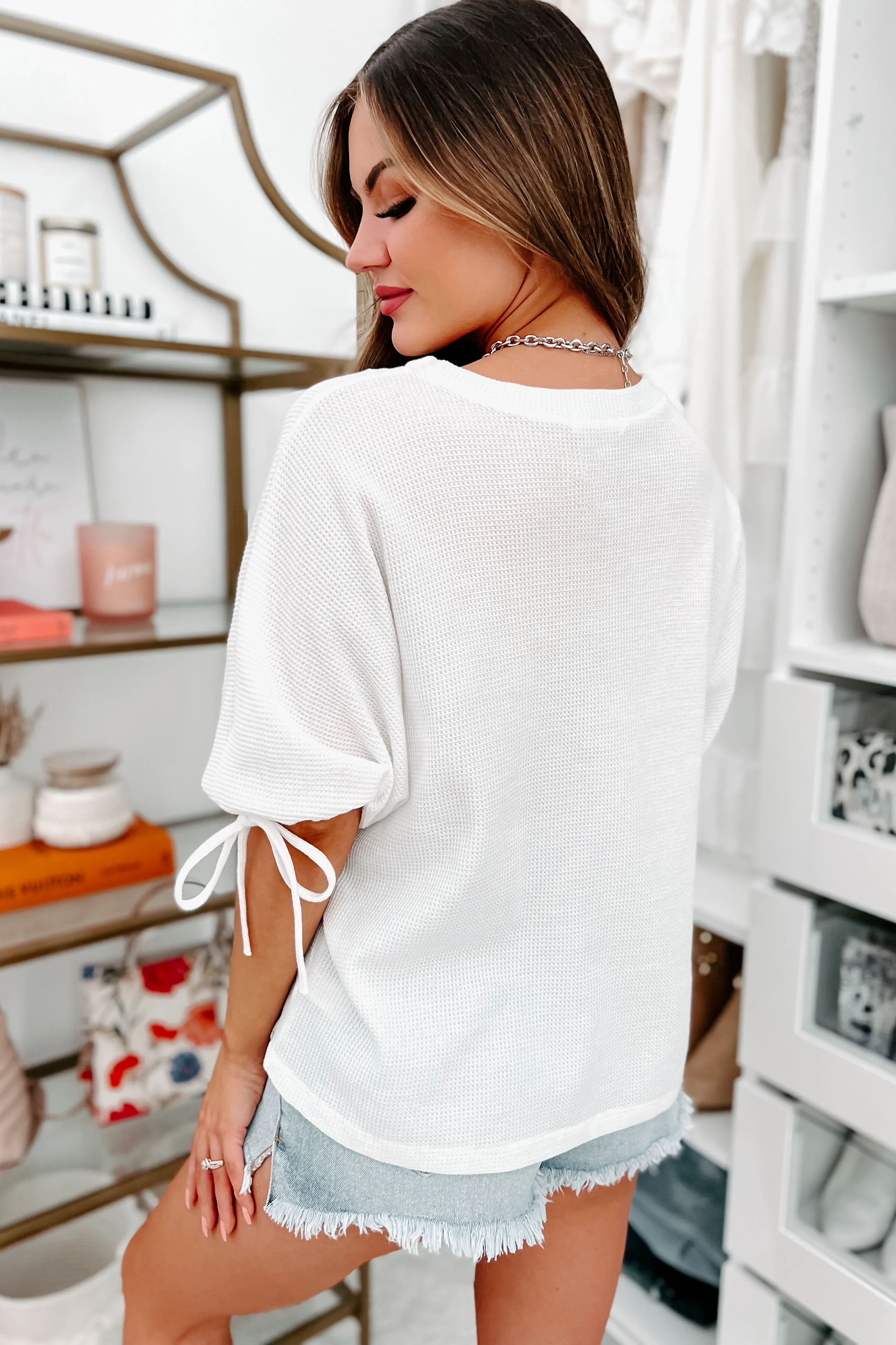 Valeria Thermal Knit Dolman Sleeve Top With Tie Details (White)