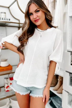 Valeria Thermal Knit Dolman Sleeve Top With Tie Details (White)