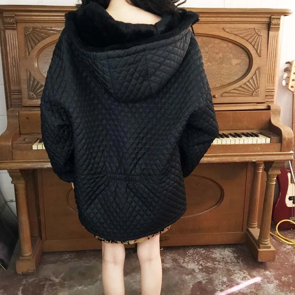 Vintage 90s | Express Quilted Fur Trim Hooded Oversized Puffy Coat | M