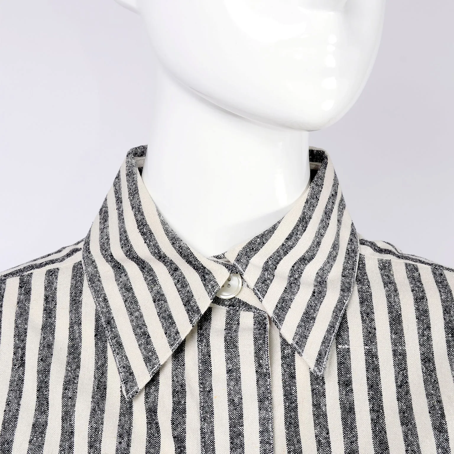 Vintage Oleg Cassini Raw Silk Dress in Gray & White Stripes w/ Drawstring Waist