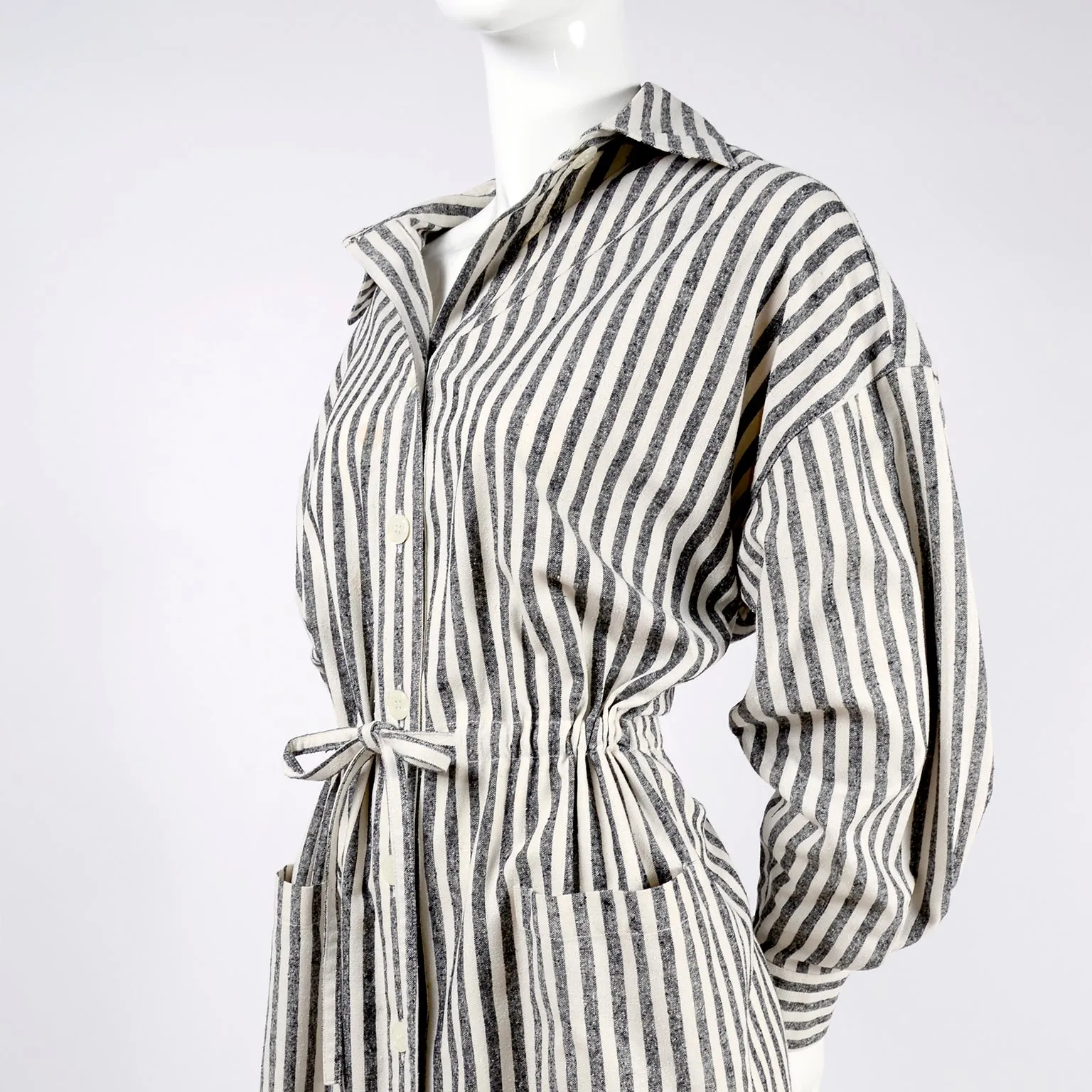 Vintage Oleg Cassini Raw Silk Dress in Gray & White Stripes w/ Drawstring Waist