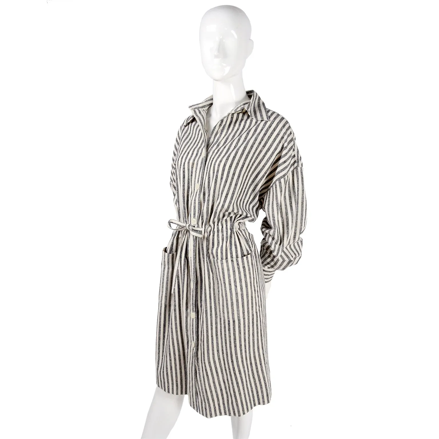 Vintage Oleg Cassini Raw Silk Dress in Gray & White Stripes w/ Drawstring Waist