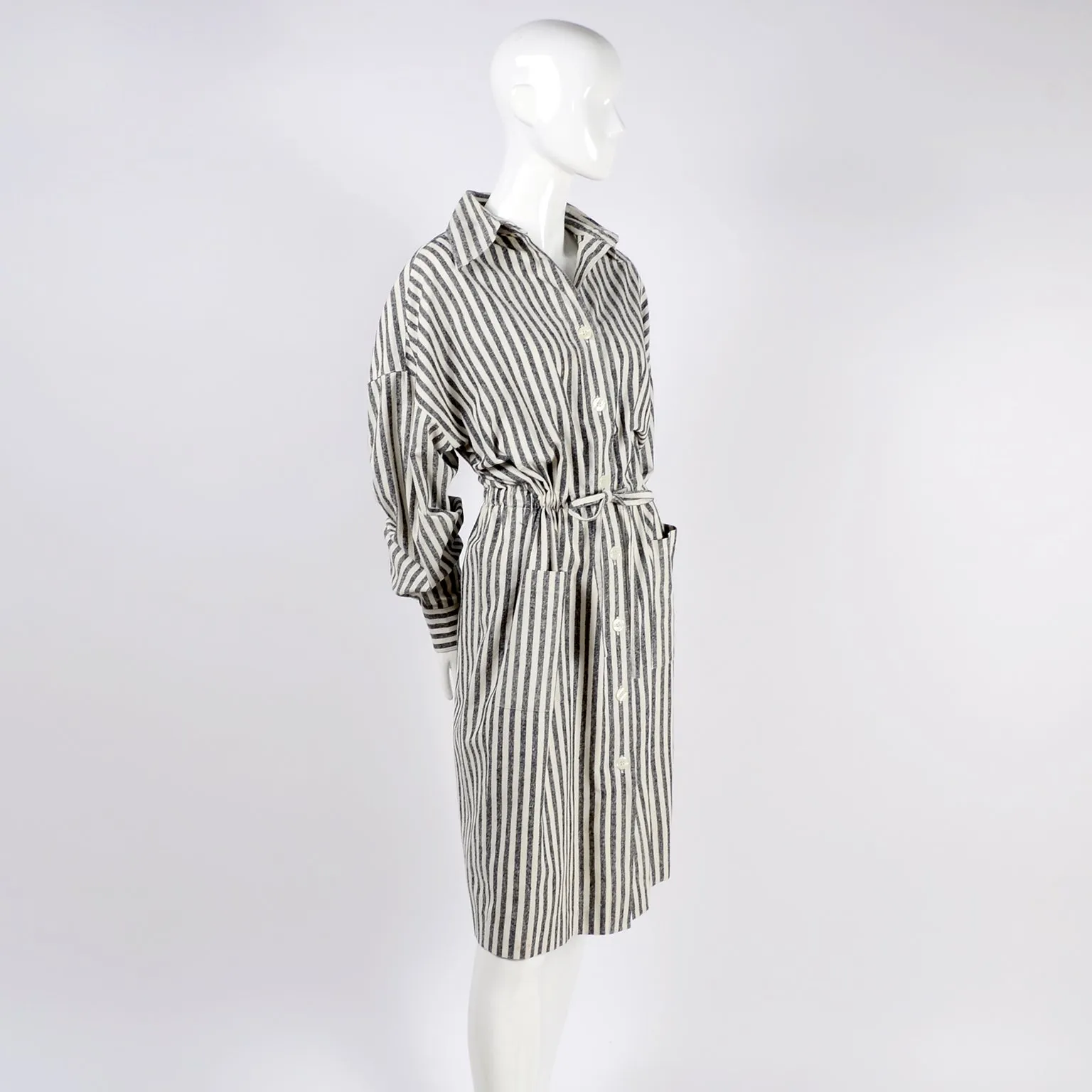 Vintage Oleg Cassini Raw Silk Dress in Gray & White Stripes w/ Drawstring Waist