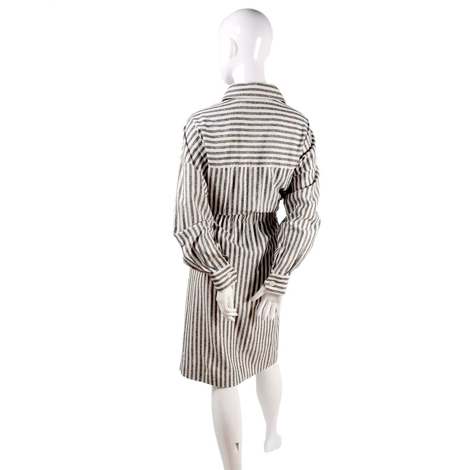 Vintage Oleg Cassini Raw Silk Dress in Gray & White Stripes w/ Drawstring Waist