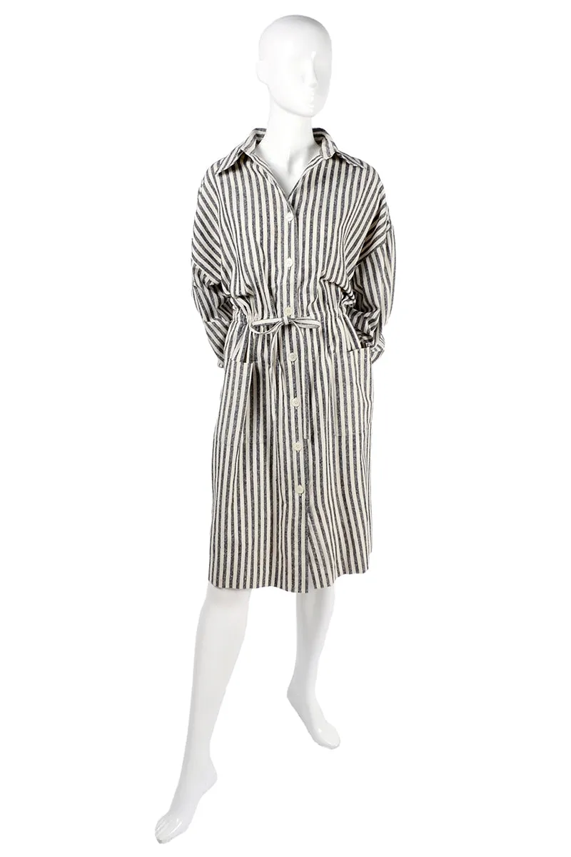 Vintage Oleg Cassini Raw Silk Dress in Gray & White Stripes w/ Drawstring Waist
