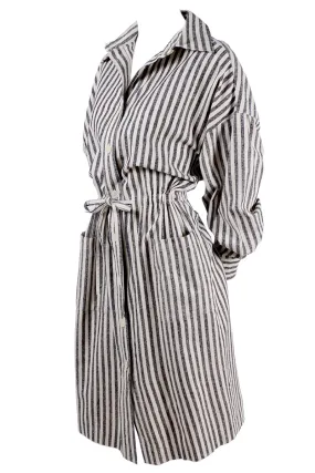 Vintage Oleg Cassini Raw Silk Dress in Gray & White Stripes w/ Drawstring Waist