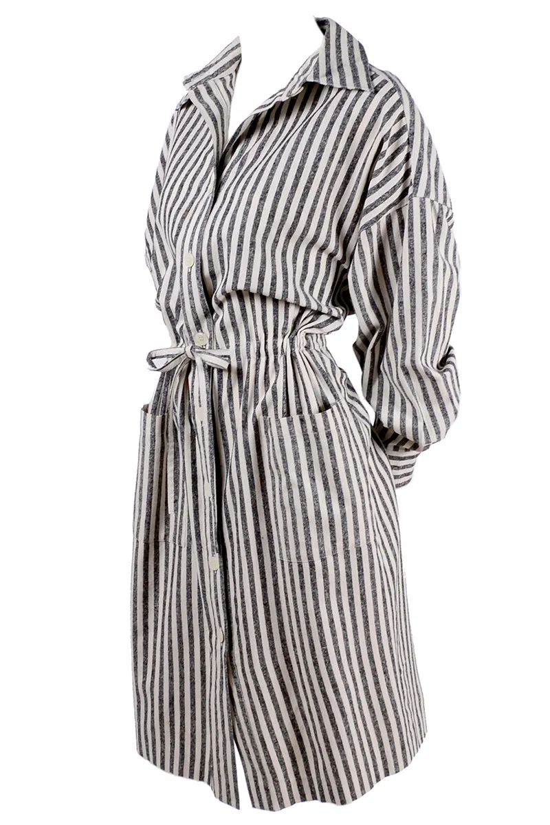 Vintage Oleg Cassini Raw Silk Dress in Gray & White Stripes w/ Drawstring Waist