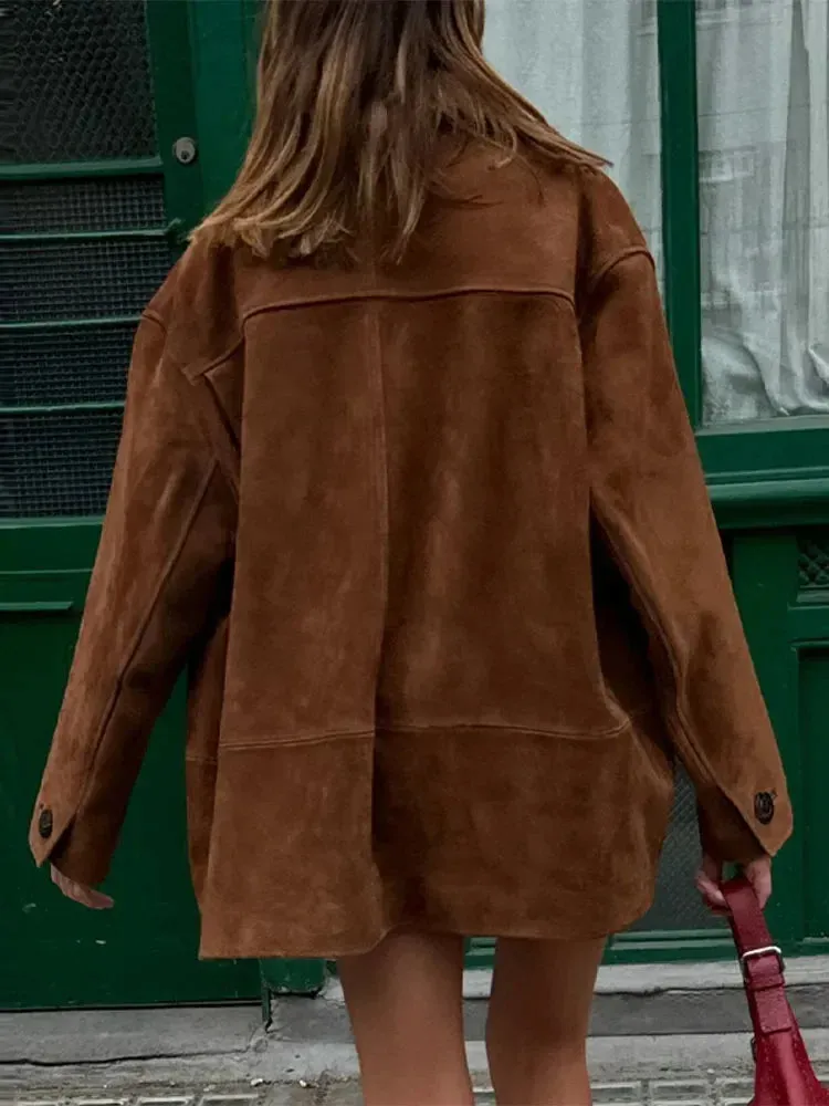 Wenkouban-Winter outfits Christmas Lapel Collar Oversized Button Up Brown Suede Jacket