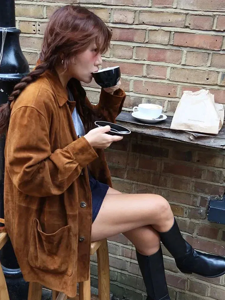 Wenkouban-Winter outfits Christmas Lapel Collar Oversized Button Up Brown Suede Jacket