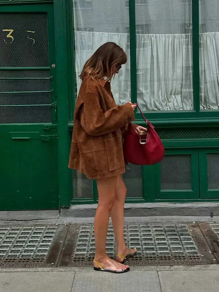 Wenkouban-Winter outfits Christmas Lapel Collar Oversized Button Up Brown Suede Jacket