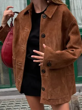 Wenkouban-Winter outfits Christmas Lapel Collar Oversized Button Up Brown Suede Jacket