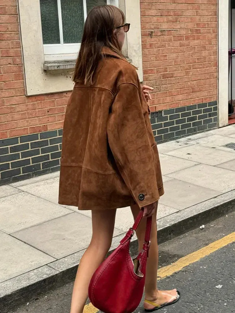 Wenkouban-Winter outfits Christmas Lapel Collar Oversized Button Up Brown Suede Jacket