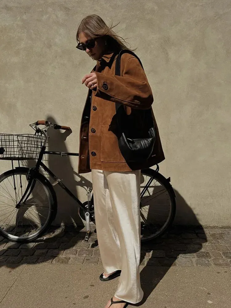 Wenkouban-Winter outfits Christmas Lapel Collar Oversized Button Up Brown Suede Jacket