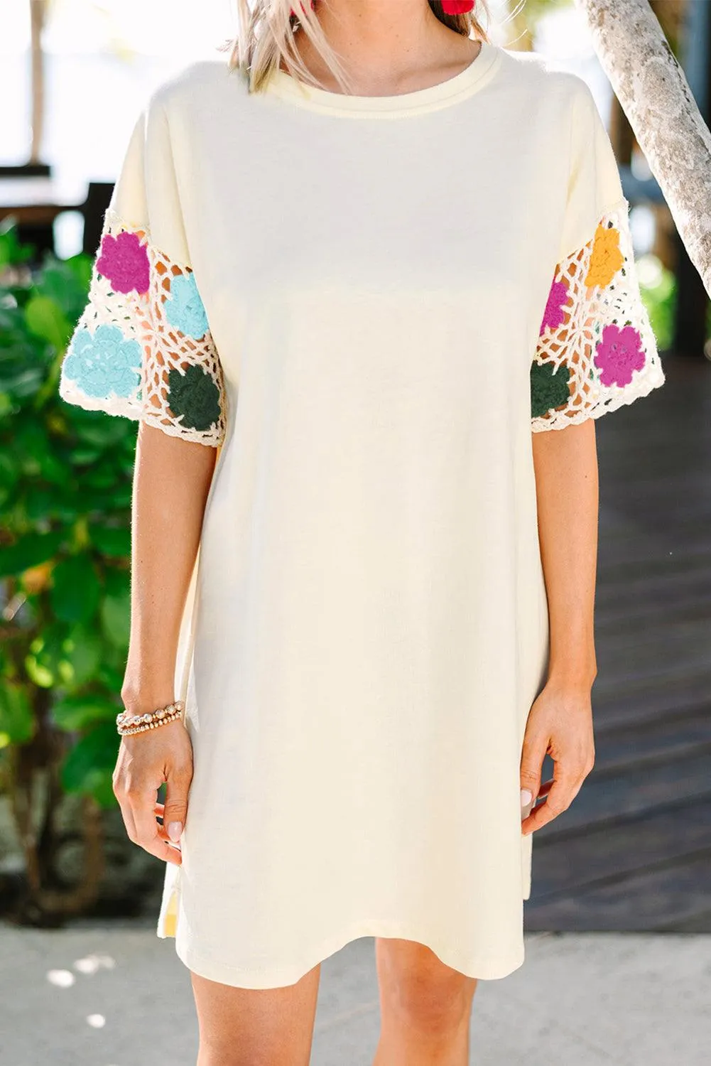 White Floral Crochet Splicing Sleeve T-shirt Dress