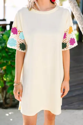 White Floral Crochet Splicing Sleeve T-shirt Dress