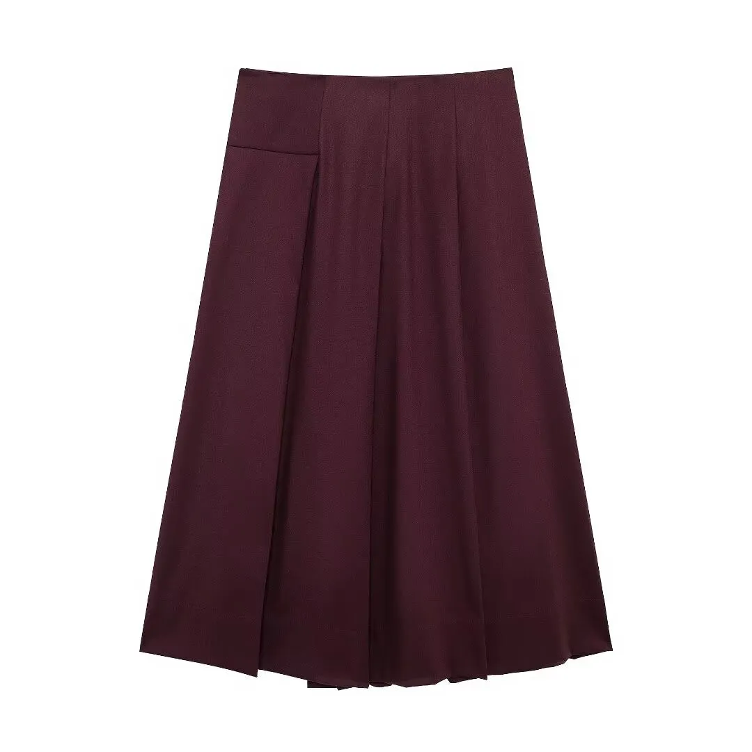 Women French Wide Pleated Midi Skirt