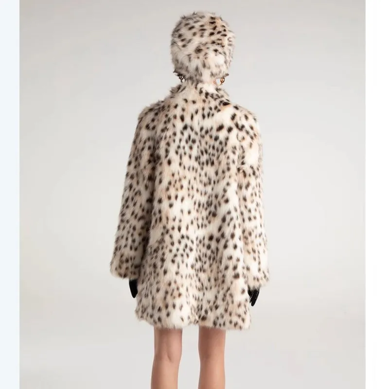 Women Fur Coat Faux Fur Mid-Length Coat Autumn Winter Stand Collar Tigercat Pattern Warm Loose Trench Coat