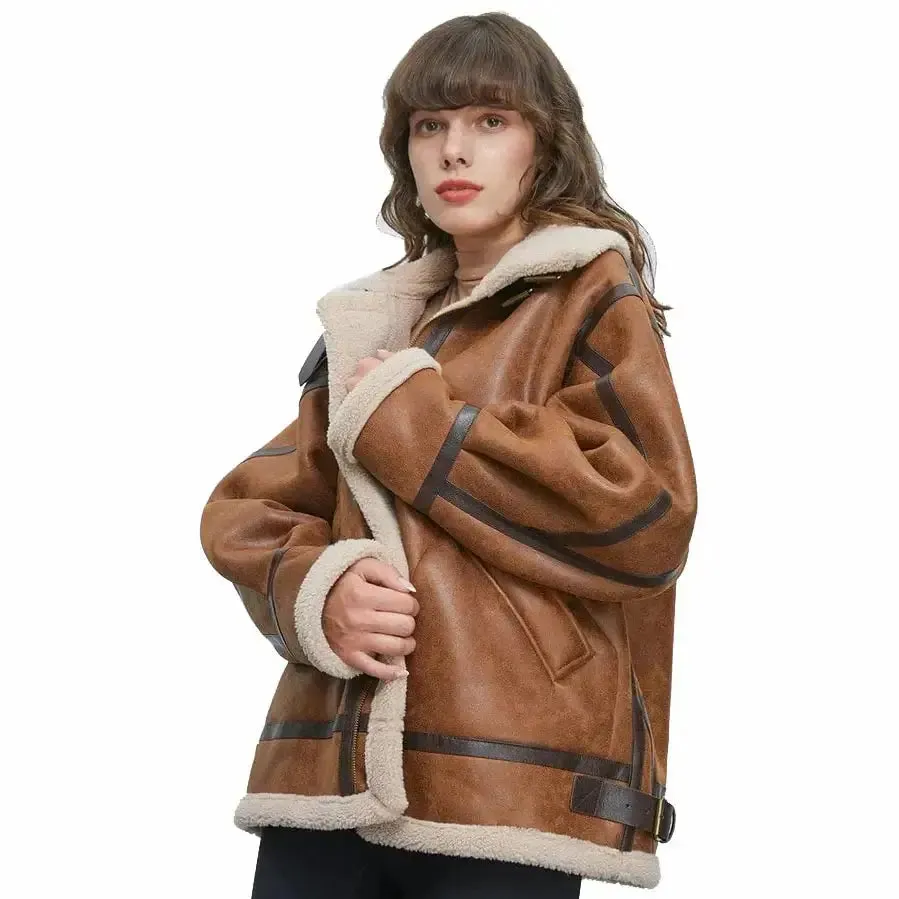 Women's B3 RAF Aviator Sheepskin Sherpa Fur Leather Jacket - Stylish & Warm