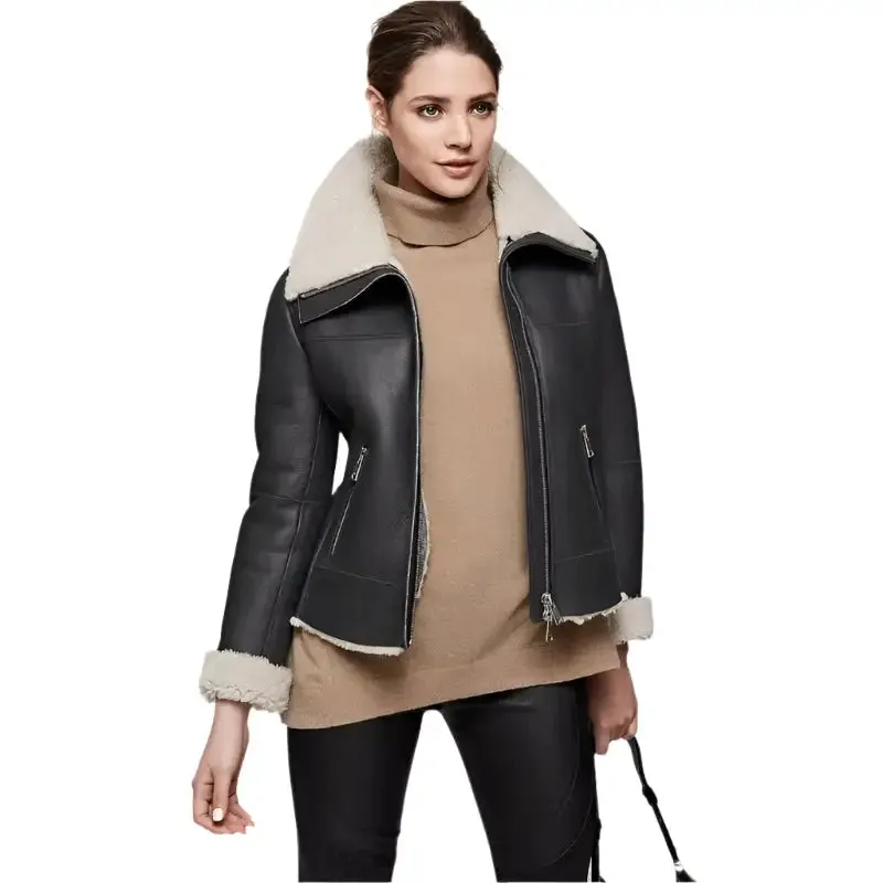 Women's Black Aviator Shearling Jacket - Stylish & Cozy