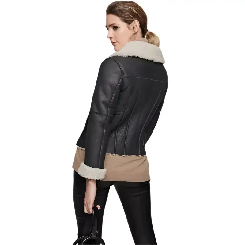 Women's Black Aviator Shearling Jacket - Stylish & Cozy