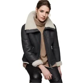 Women's Black Aviator Shearling Jacket - Stylish & Cozy