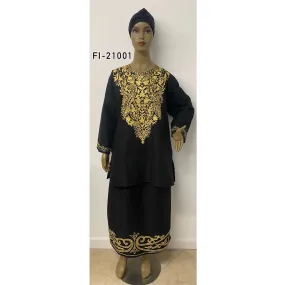 Women's Gold Embroidered Black Long Sleeve Skirt Set - FI-21001 Black