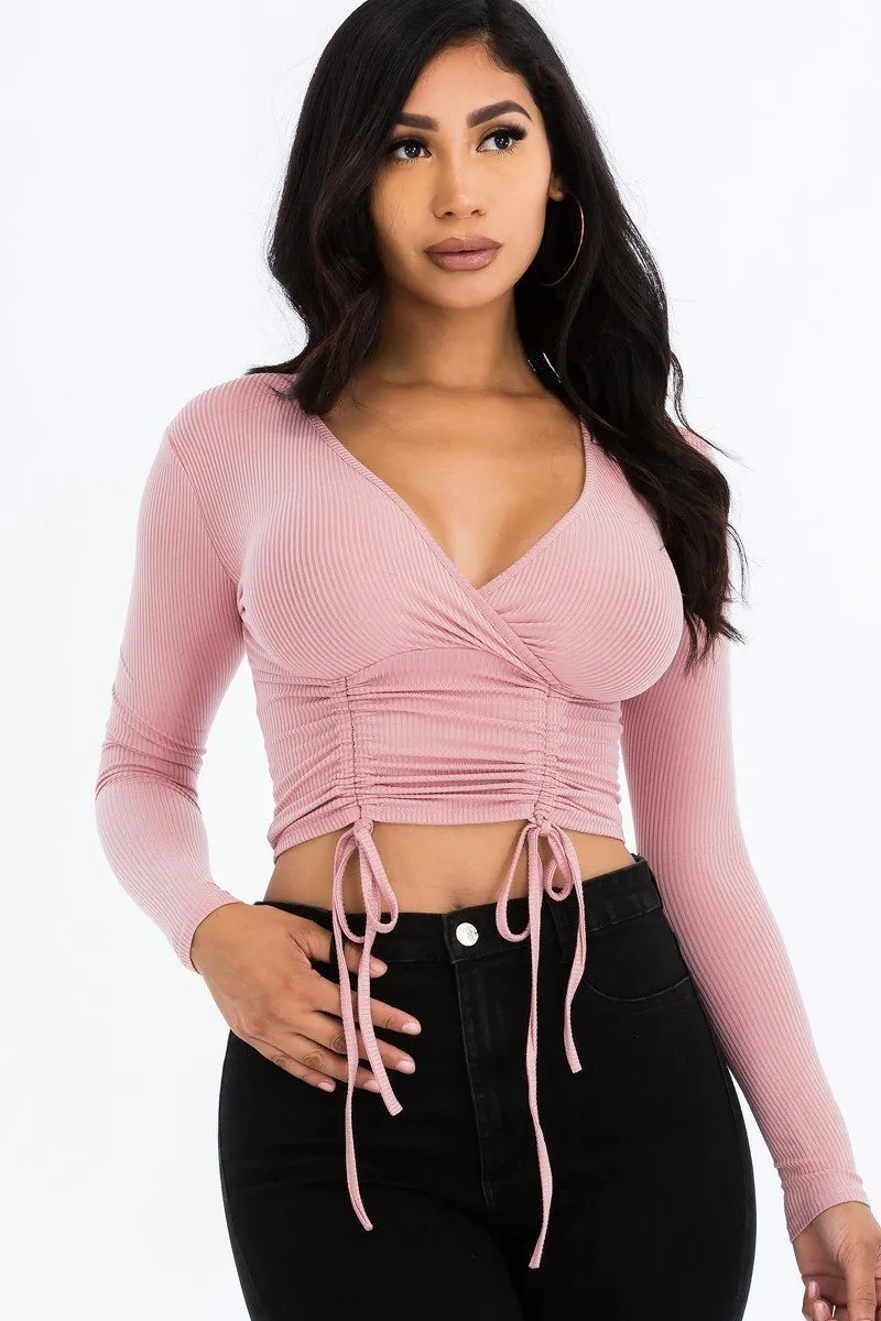 Women's Long Sleeved Double String Shirred Crop Top