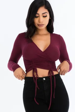 Women's Long Sleeved Double String Shirred Crop Top