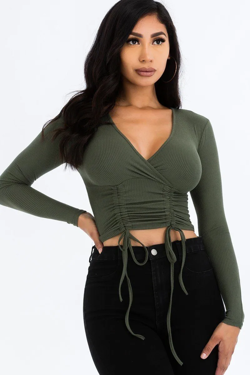 Women's Long Sleeved Double String Shirred Crop Top