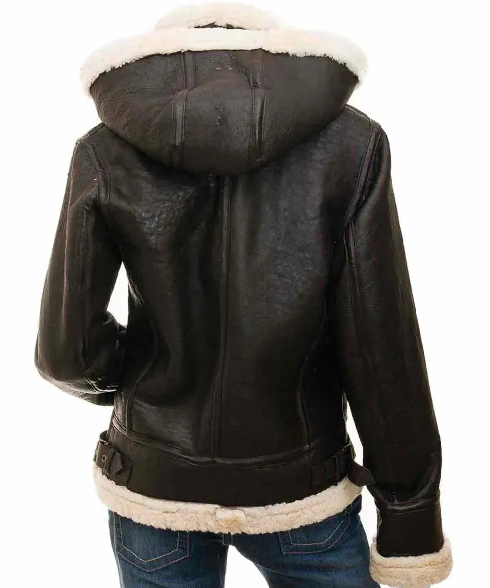 Women’s Shearling Buckle Collar Brown Leather Jacket with Hood