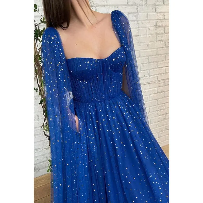 Women's Spaghetti Straps Sparkly Prom Dress with Pockets