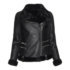 Women's Spanish Merino Faux Shearling Black Leather Jacket