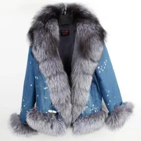 Women's Winter Casual Denim Thick Parka With Raccoon Fur