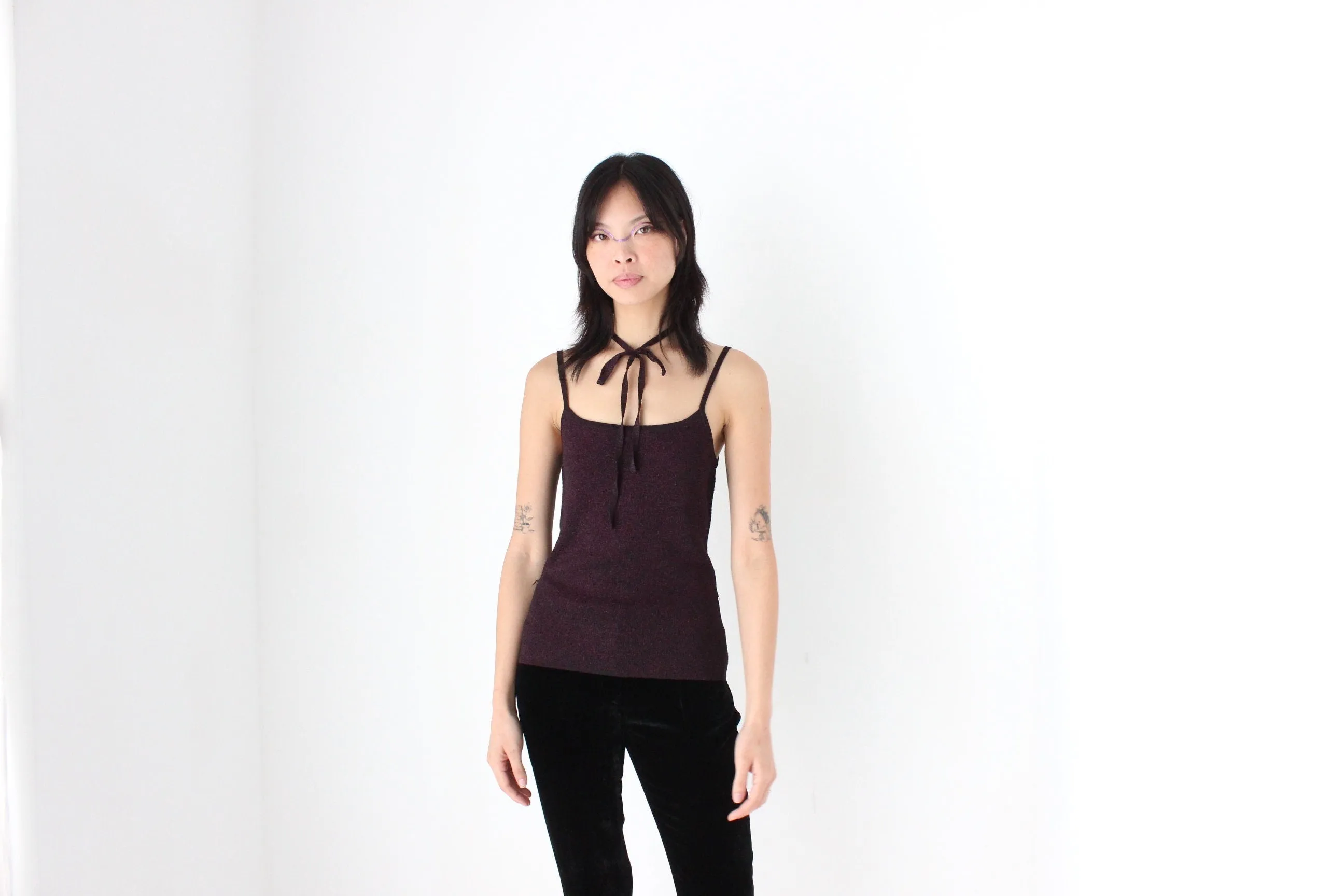 Y2K Lurex Stretch Fitted Tank w/ Tie Belt or Choker